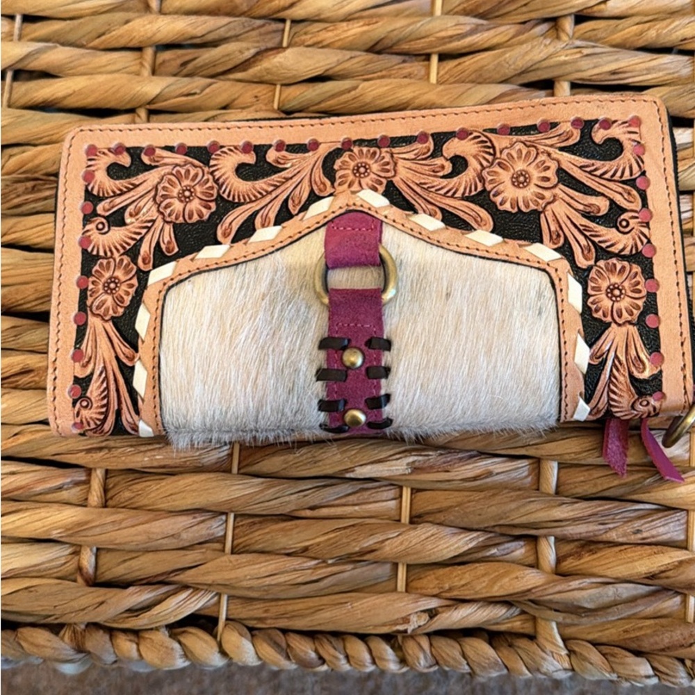Handtooled Floral Leather Wallet with White Hair-On Accent